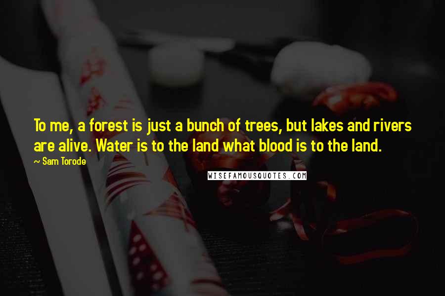 Sam Torode quotes: To me, a forest is just a bunch of trees, but lakes and rivers are alive. Water is to the land what blood is to the land. Sam Torode quotes: To me, a forest is just a bunch of trees, but lakes and rivers are alive. Water is to the land what blood is to the land.