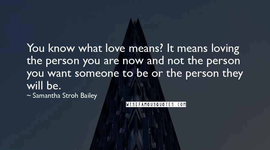 Samantha Stroh Bailey quotes: You know what love means? It means loving the person you are now and not the person you want someone to be or the person they will be.