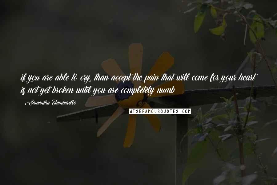 Samantha Tamburello quotes: if you are able to cry, than accept the pain that will come for your heart is not yet broken until you are completely numb