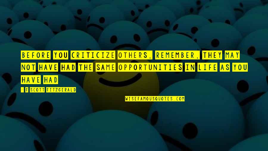 Same As You Quotes By F Scott Fitzgerald: Before you criticize others, remember, they may not
