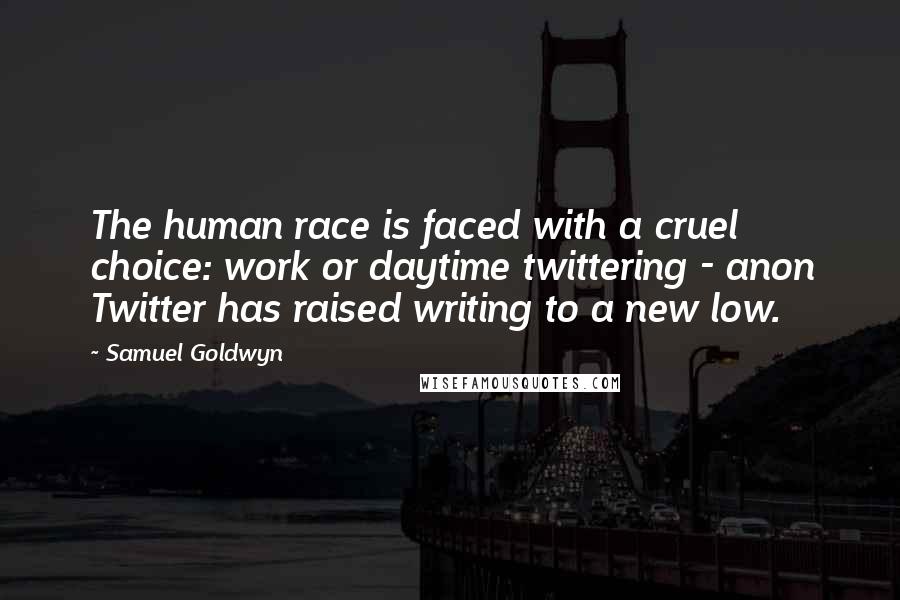 Samuel Goldwyn quotes: The human race is faced with a cruel choice: work or daytime twittering - anon Twitter has raised writing to a new low.