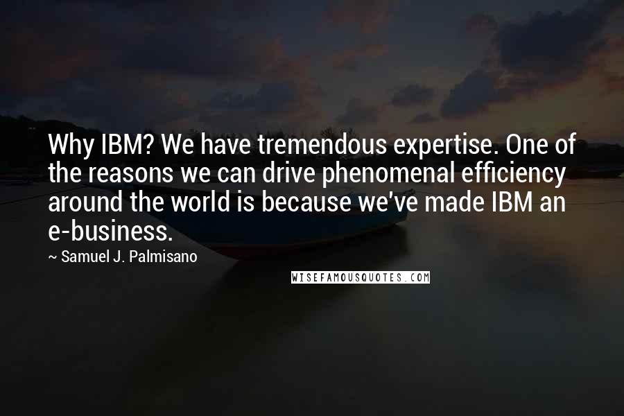 Samuel J. Palmisano quotes: Why IBM? We have tremendous expertise. One of the reasons we can drive phenomenal efficiency around the world is because we've made IBM an e-business.