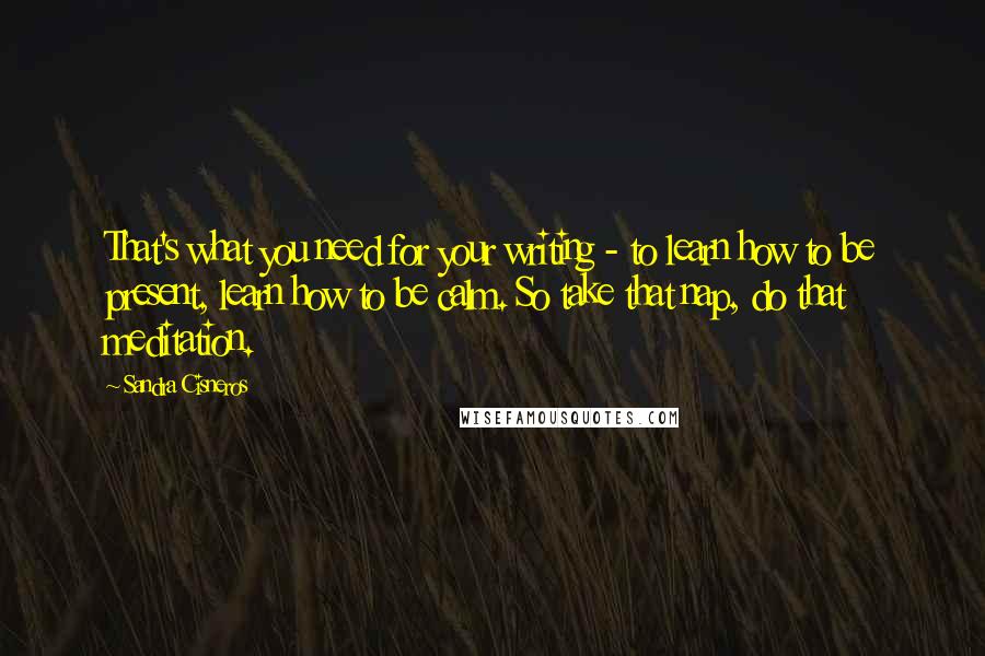 Sandra Cisneros quotes: That's what you need for your writing - to learn how to be present, learn how to be calm. So take that nap, do that meditation.