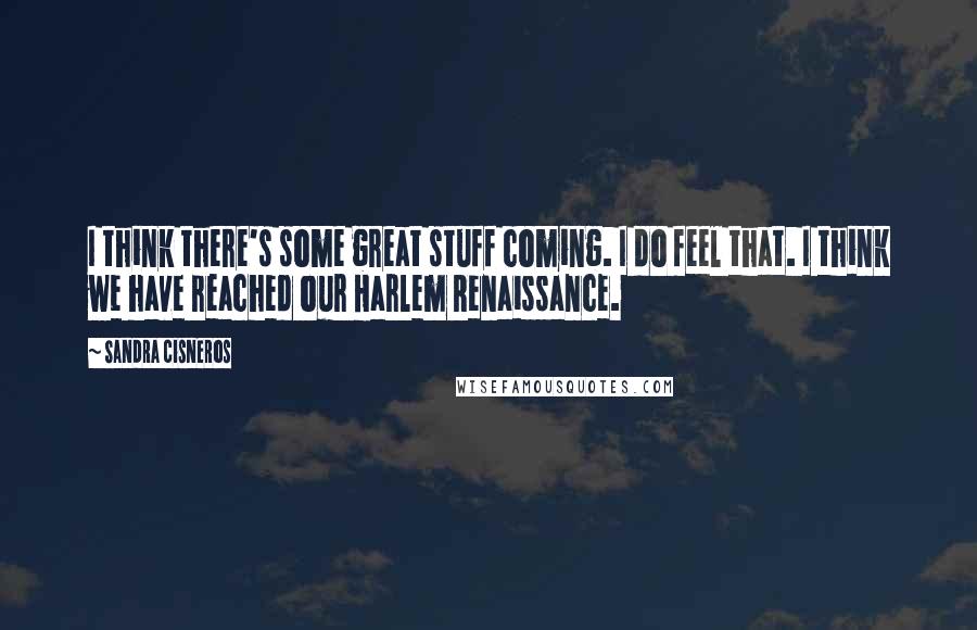 Sandra Cisneros quotes: I think there's some great stuff coming. I do feel that. I think we have reached our Harlem Renaissance. Sandra Cisneros quotes: I think there's some great stuff coming. I do feel that. I think we have reached our Harlem Renaissance.