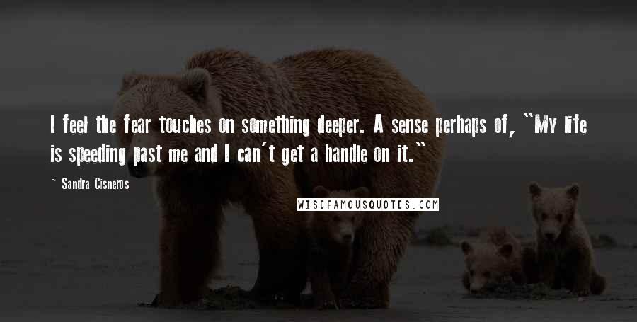 Sandra Cisneros quotes: I feel the fear touches on something deeper. A sense perhaps of, "My life is speeding past me and I can't get a handle on it." Sandra Cisneros quotes: I feel the fear touches on something deeper. A sense perhaps of, "My life is speeding past me and I can't get a handle on it."