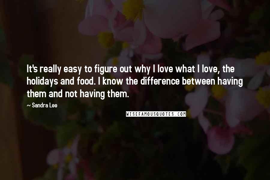 Sandra Lee quotes: It's really easy to figure out why I love what I love, the holidays and food. I know the difference between having them and not having them.