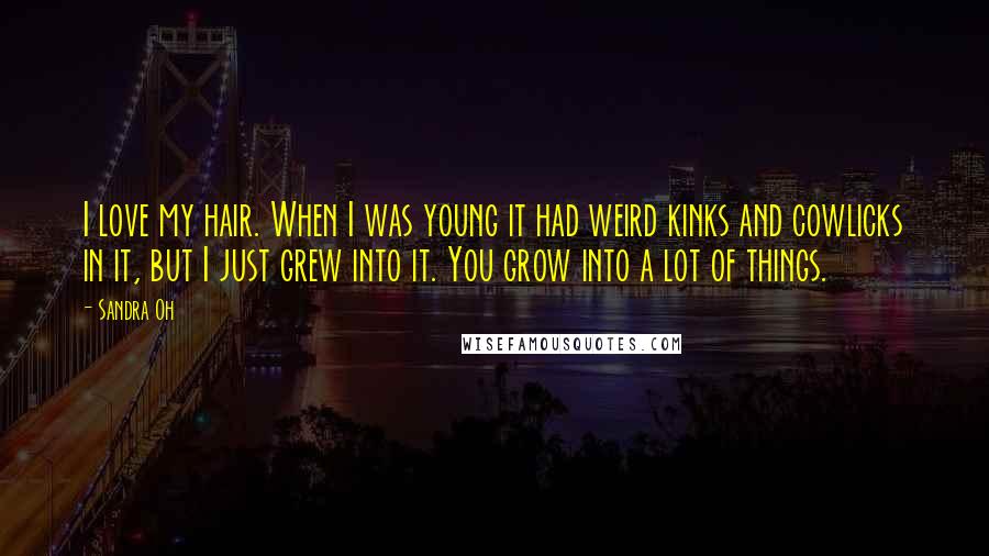 Sandra Oh quotes: I love my hair. When I was young it had weird kinks and cowlicks in it, but I just grew into it. You grow into a lot of things. Sandra Oh quotes: I love my hair. When I was young it had weird kinks and cowlicks in it, but I just grew into it. You grow into a lot of things.