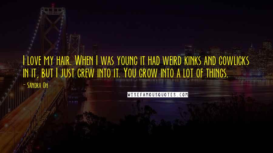 Sandra Oh quotes: I love my hair. When I was young it had weird kinks and cowlicks in it, but I just grew into it. You grow into a lot of things.