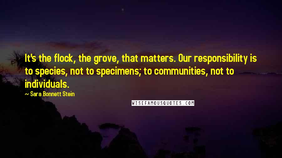 Sara Bonnett Stein quotes: It's the flock, the grove, that matters. Our responsibility is to species, not to specimens; to communities, not to individuals. Sara Bonnett Stein quotes: It's the flock, the grove, that matters. Our responsibility is to species, not to specimens; to communities, not to individuals.