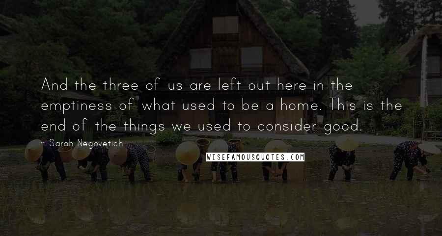 Sarah Negovetich quotes: And the three of us are left out here in the emptiness of what used to be a home. This is the end of the things we used to consider