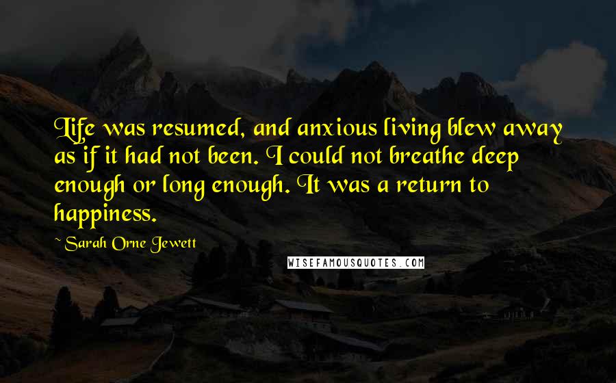 Sarah Orne Jewett quotes: Life was resumed, and anxious living blew away as if it had not been. I could not breathe deep enough or long enough. It was a return to happiness.
