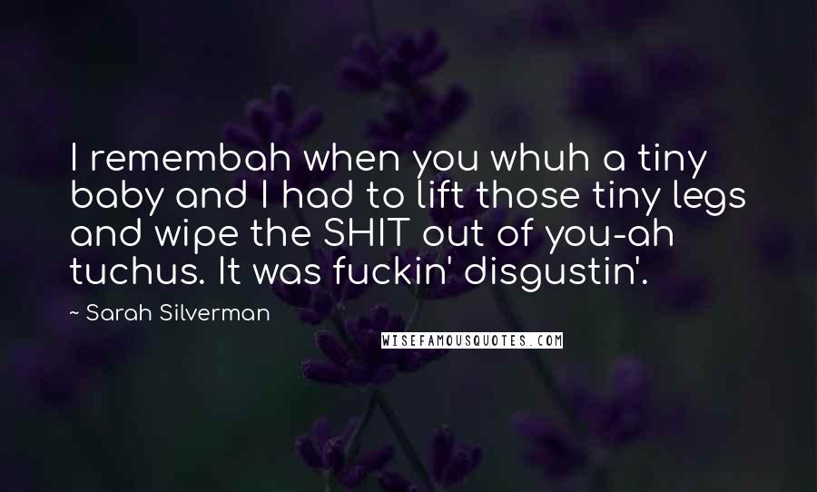 Sarah Silverman quotes: I remembah when you whuh a tiny baby and I had to lift those tiny legs and wipe the SHIT out of you-ah tuchus. It was fuckin' disgustin'.