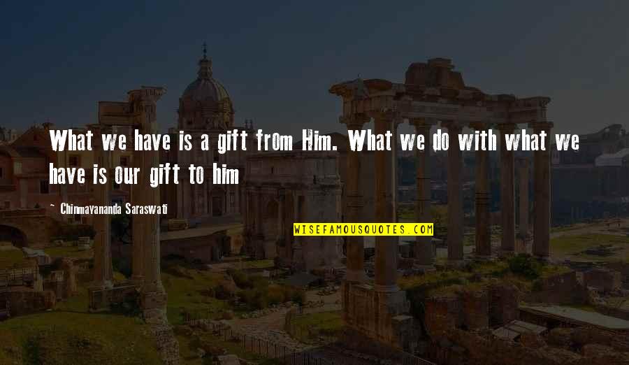 Saraswati Quotes By Chinmayananda Saraswati: What we have is a gift from Him. Saraswati Quotes By Chinmayananda Saraswati: What we have is a gift from Him.