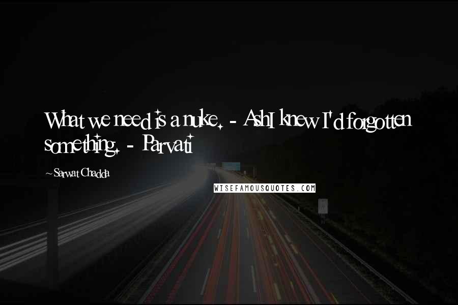 Sarwat Chadda quotes: What we need is a nuke. - AshI knew I'd forgotten something. - Parvati