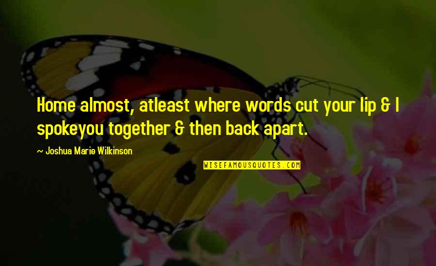 Sasa Kovacevic Quotes By Joshua Marie Wilkinson: Home almost, atleast where words cut your lip