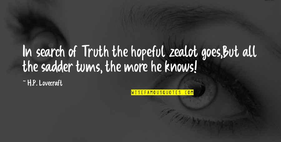 Saskya Brave Quotes By H.P. Lovecraft: In search of Truth the hopeful zealot goes,But Saskya Brave Quotes By H.P. Lovecraft: In search of Truth the hopeful zealot goes,But