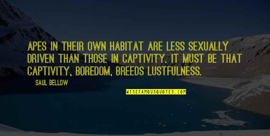 Saul Bellow Quotes By Saul Bellow: Apes in their own habitat are less sexually Saul Bellow Quotes By Saul Bellow: Apes in their own habitat are less sexually