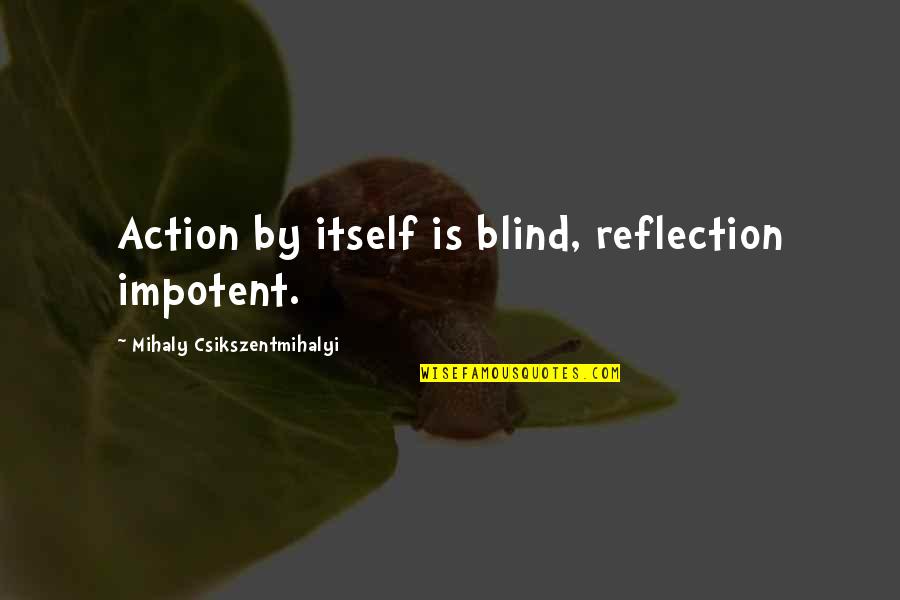 Savitski Design Quotes By Mihaly Csikszentmihalyi: Action by itself is blind, reflection impotent. Savitski Design Quotes By Mihaly Csikszentmihalyi: Action by itself is blind, reflection impotent.