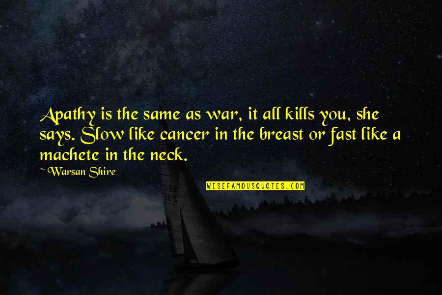 Says Or Quotes By Warsan Shire: Apathy is the same as war, it all