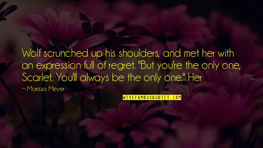 Scarlet And Wolf Quotes By Marissa Meyer: Wolf scrunched up his shoulders, and met her Scarlet And Wolf Quotes By Marissa Meyer: Wolf scrunched up his shoulders, and met her