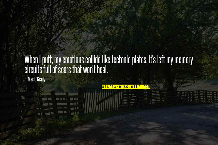 Scars That Won't Heal Quotes By Mac O'Grady: When I putt, my emotions collide like tectonic