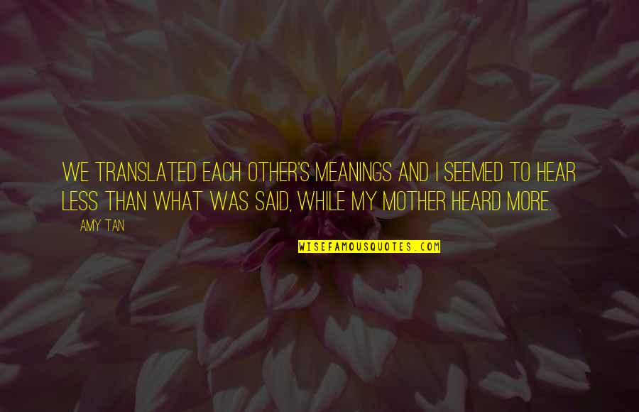 Scheirich Hoosier Quotes By Amy Tan: We translated each other's meanings and I seemed Scheirich Hoosier Quotes By Amy Tan: We translated each other's meanings and I seemed