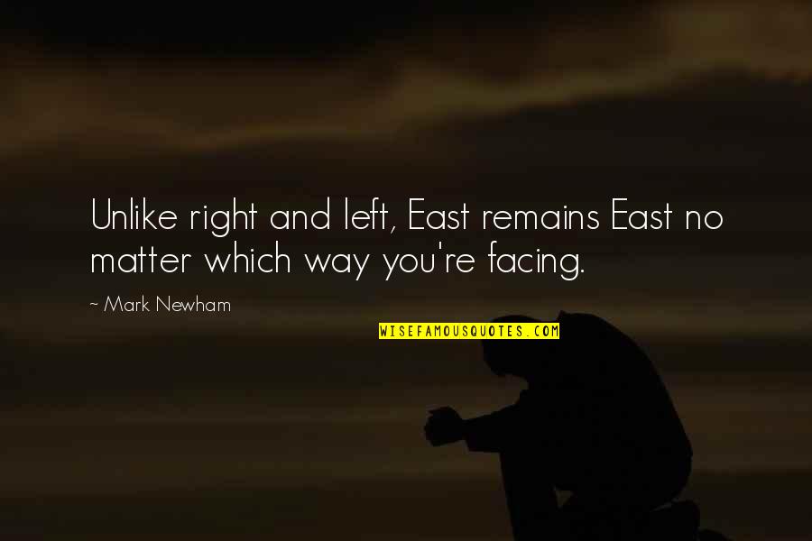 Schnereger Quotes By Mark Newham: Unlike right and left, East remains East no