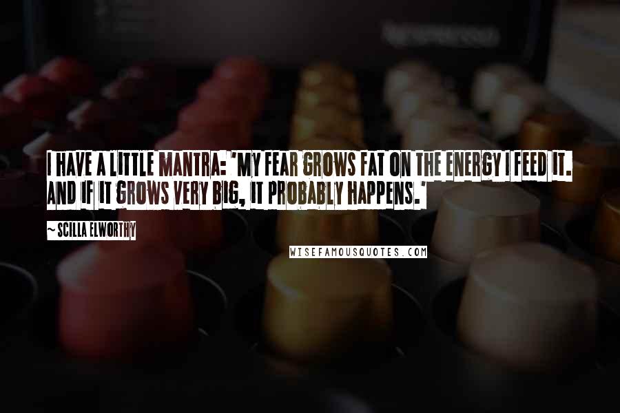 Scilla Elworthy quotes: I have a little mantra: 'My fear grows fat on the energy I feed it. And if it grows very big, it probably happens.' Scilla Elworthy quotes: I have a little mantra: 'My fear grows fat on the energy I feed it. And if it grows very big, it probably happens.'