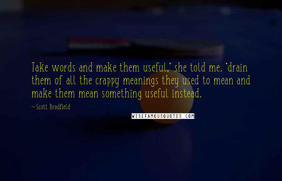 Scott Bradfield quotes: Take words and make them useful,' she told me. 'drain them of all the crappy meanings they used to mean and make them mean something useful instead.