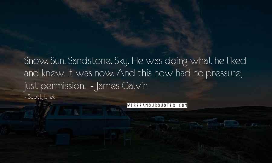 Scott Jurek quotes: Snow. Sun. Sandstone. Sky. He was doing what he liked and knew. It was now. And this now had no pressure, just permission. - James Galvin