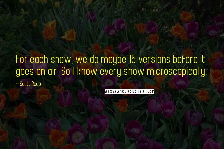 Scott Raab quotes: For each show, we do maybe 15 versions before it goes on air. So I know every show microscopically.