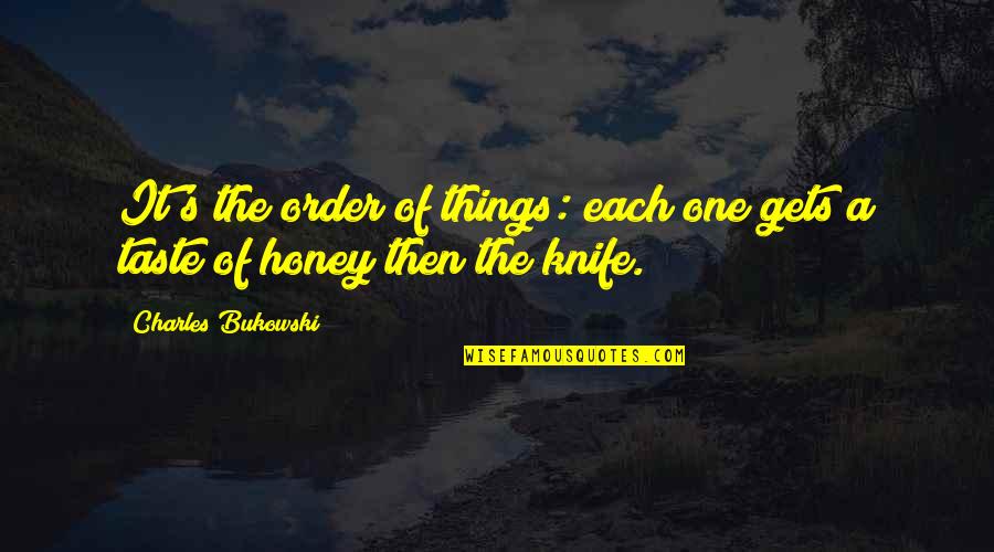 Scrutable Quotes By Charles Bukowski: It's the order of things: each one gets