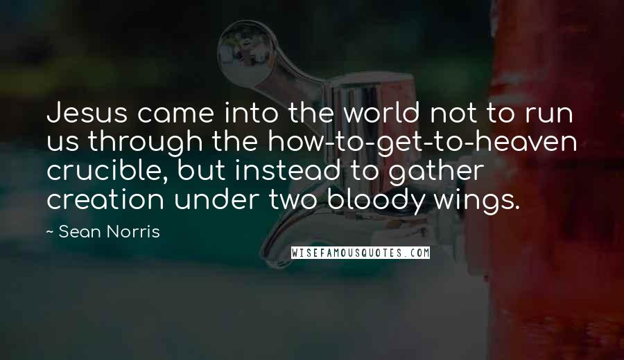 Sean Norris quotes: Jesus came into the world not to run us through the how-to-get-to-heaven crucible, but instead to gather creation under two bloody wings. Sean Norris quotes: Jesus came into the world not to run us through the how-to-get-to-heaven crucible, but instead to gather creation under two bloody wings.