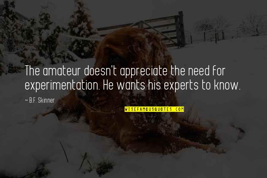 Sebagaimana Mestinya Quotes By B.F. Skinner: The amateur doesn't appreciate the need for experimentation. Sebagaimana Mestinya Quotes By B.F. Skinner: The amateur doesn't appreciate the need for experimentation.