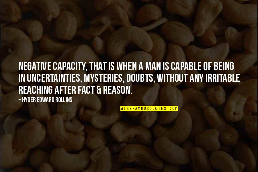Second Lover Quotes By Hyder Edward Rollins: Negative Capacity, that is when a man is Second Lover Quotes By Hyder Edward Rollins: Negative Capacity, that is when a man is
