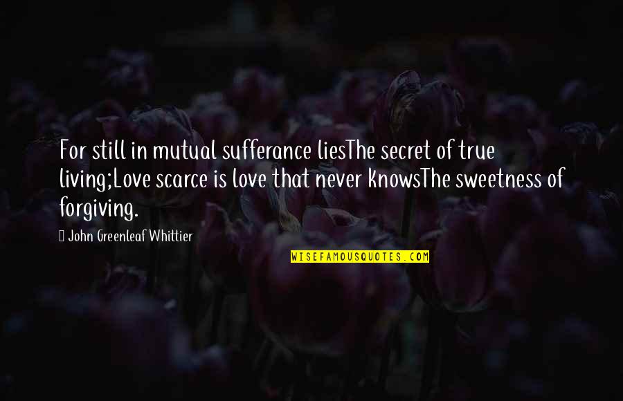 Secret Of Love Quotes By John Greenleaf Whittier: For still in mutual sufferance liesThe secret of
