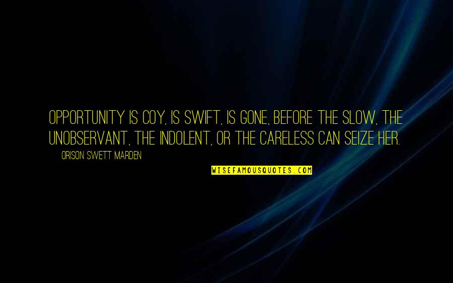 Seize Opportunity Quotes By Orison Swett Marden: Opportunity is coy, is swift, is gone, before