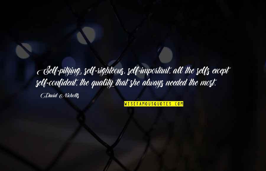 Self Qualities Quotes By David Nicholls: Self-pitying, self-righteous, self-important, all the selfs except self-confident,