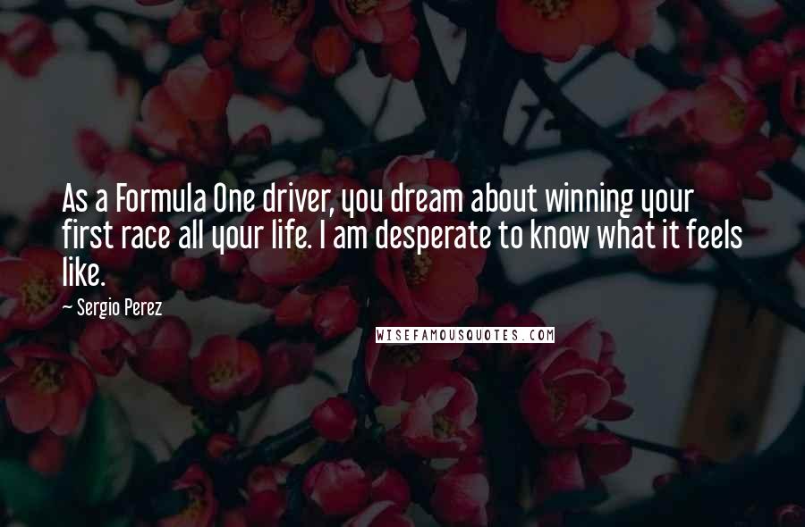 Sergio Perez quotes: As a Formula One driver, you dream about winning your first race all your life. I am desperate to know what it feels like.