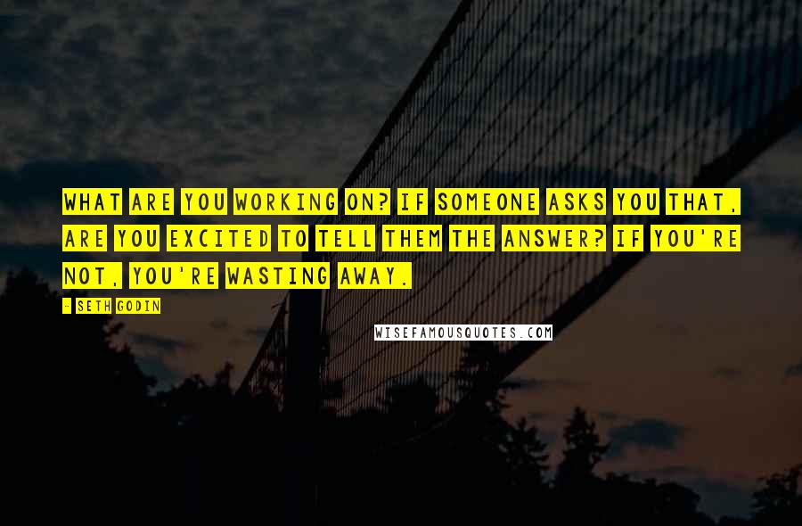 Seth Godin quotes: What are you working on? If someone asks you that, are you excited to tell them the answer? If you're not, you're wasting away.