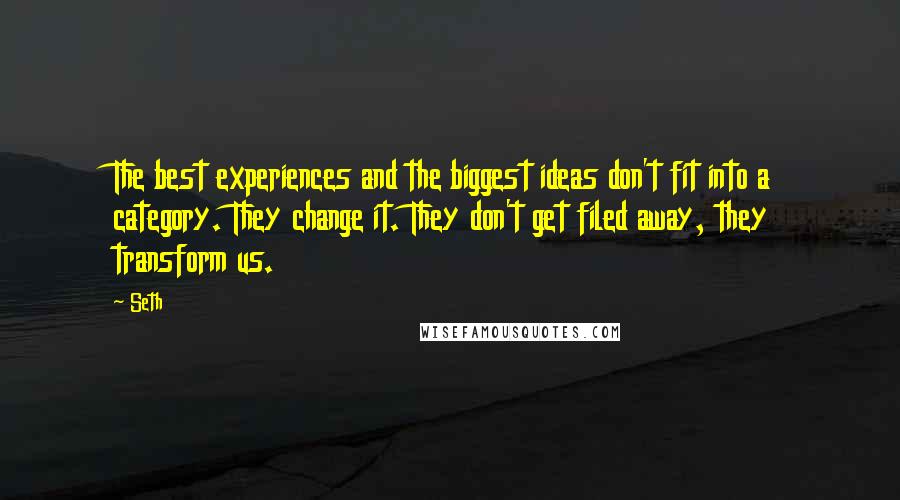 Seth quotes: The best experiences and the biggest ideas don't fit into a category. They change it. They don't get filed away, they transform us. Seth quotes: The best experiences and the biggest ideas don't fit into a category. They change it. They don't get filed away, they transform us.