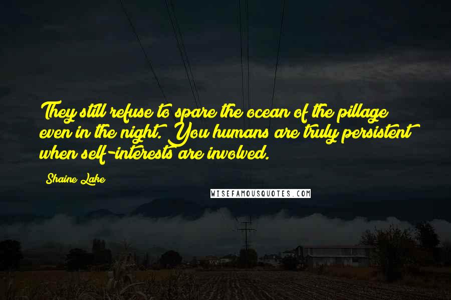Shaine Lake quotes: They still refuse to spare the ocean of the pillage even in the night. You humans are truly persistent when self-interests are involved. Shaine Lake quotes: They still refuse to spare the ocean of the pillage even in the night. You humans are truly persistent when self-interests are involved.