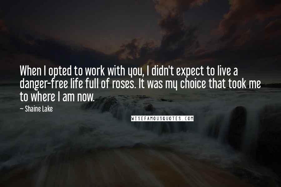 Shaine Lake quotes: When I opted to work with you, I didn't expect to live a danger-free life full of roses. It was my choice that took me to where I am now.