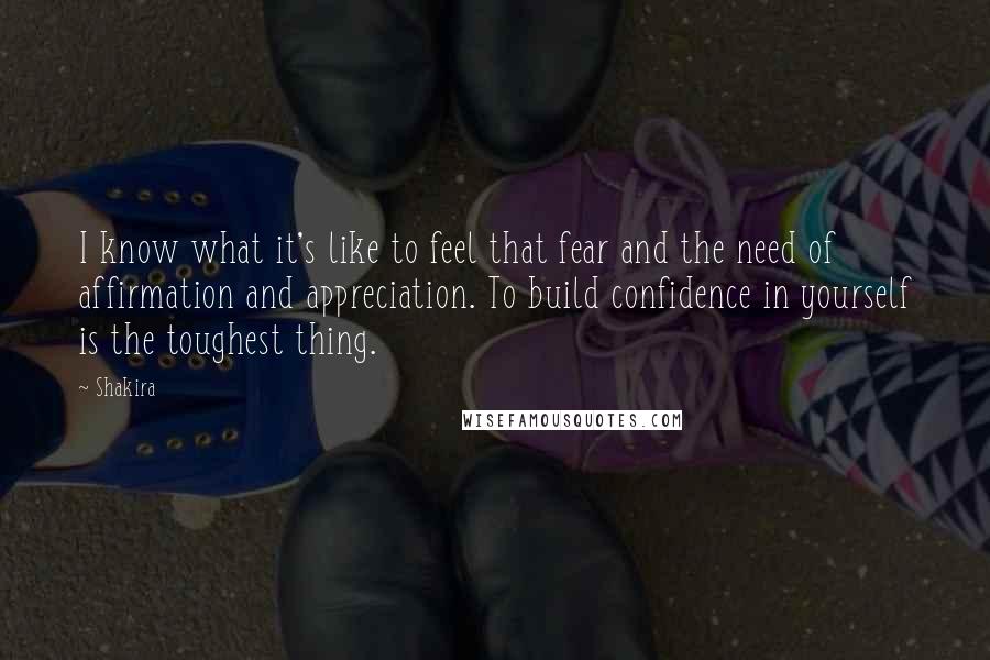 Shakira quotes: I know what it's like to feel that fear and the need of affirmation and appreciation. To build confidence in yourself is the toughest thing. Shakira quotes: I know what it's like to feel that fear and the need of affirmation and appreciation. To build confidence in yourself is the toughest thing.