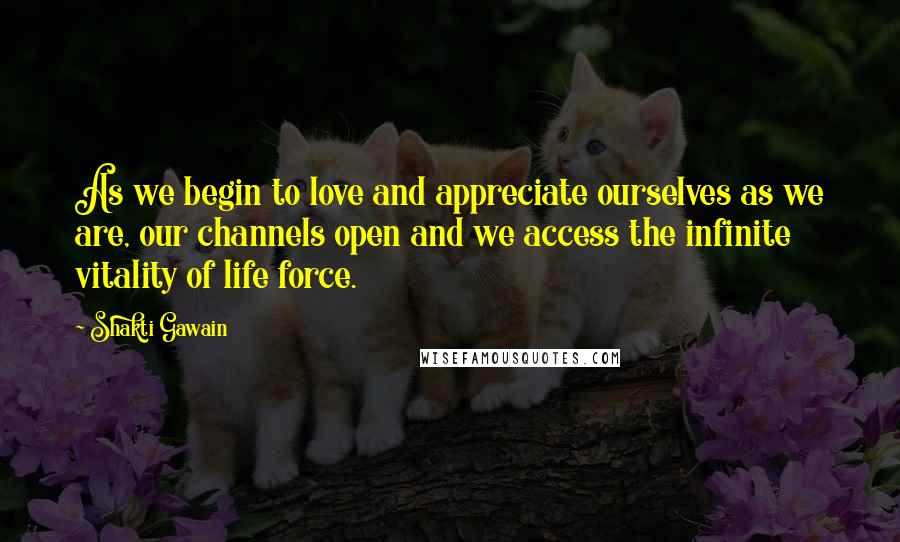 Shakti Gawain quotes: As we begin to love and appreciate ourselves as we are, our channels open and we access the infinite vitality of life force. Shakti Gawain quotes: As we begin to love and appreciate ourselves as we are, our channels open and we access the infinite vitality of life force.