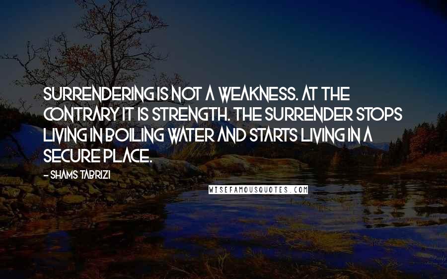 Shams Tabrizi quotes: Surrendering is not a weakness. At the contrary it is strength. The surrender stops living in boiling water and starts living in a secure place. Shams Tabrizi quotes: Surrendering is not a weakness. At the contrary it is strength. The surrender stops living in boiling water and starts living in a secure place.