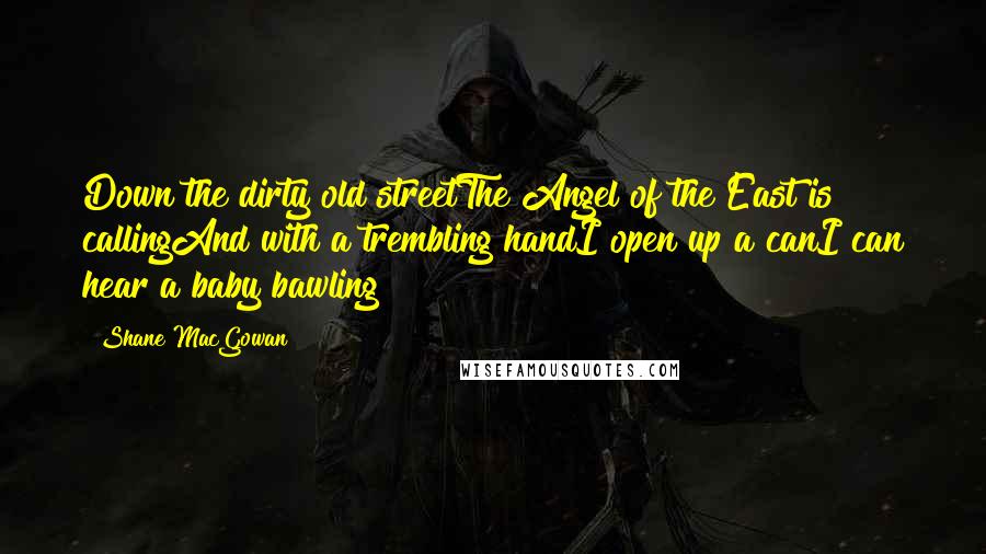 Shane MacGowan quotes: Down the dirty old streetThe Angel of the East is callingAnd with a trembling handI open up a canI can hear a baby bawling