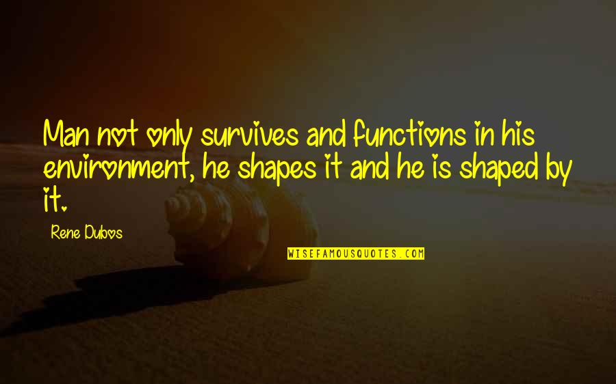 Shaped Quotes By Rene Dubos: Man not only survives and functions in his Shaped Quotes By Rene Dubos: Man not only survives and functions in his