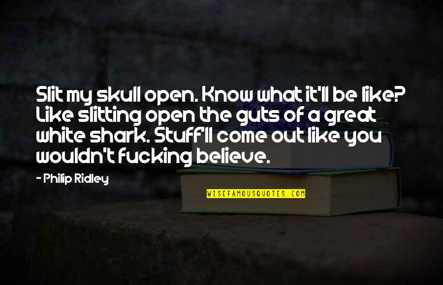 Shark Quotes By Philip Ridley: Slit my skull open. Know what it'll be