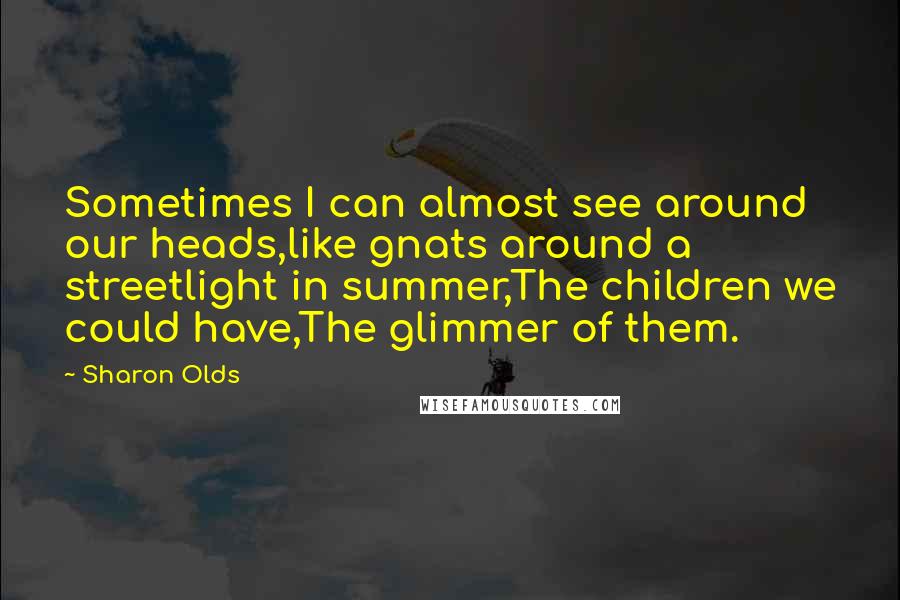 Sharon Olds quotes: Sometimes I can almost see around our heads,like gnats around a streetlight in summer,The children we could have,The glimmer of them. Sharon Olds quotes: Sometimes I can almost see around our heads,like gnats around a streetlight in summer,The children we could have,The glimmer of them.